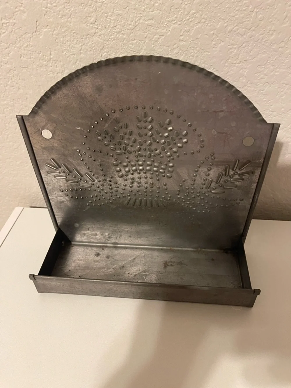 Vintage Metal Wall Mount or Shelf with Floral Punch Design Cottage Core